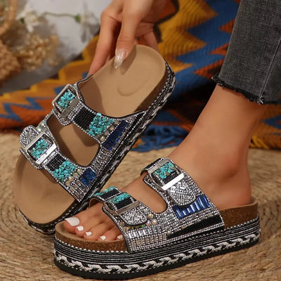 New Women's Rhinestone Thick Sole Twine Double Buckle Sandals, Soft Comfortable Women's Beach Slippers Large size