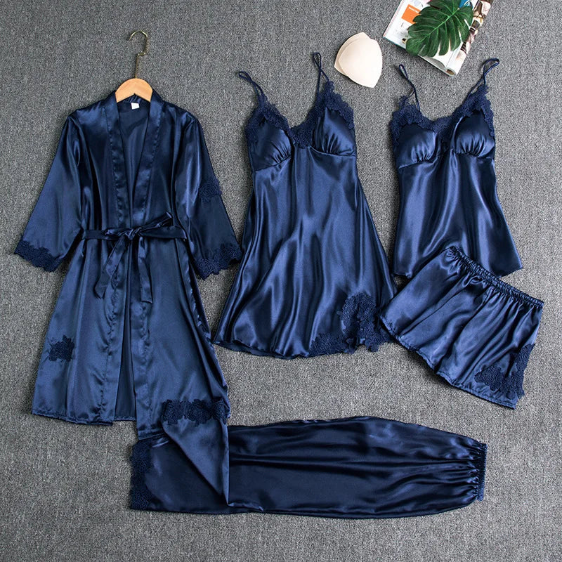 Women's Summer Sexy Pajama Pants Set 5 Pieces Nightgown Nightdress Top Shorts Pants Set Lace Satin Silk Sleepwear Robe Sleepwear
