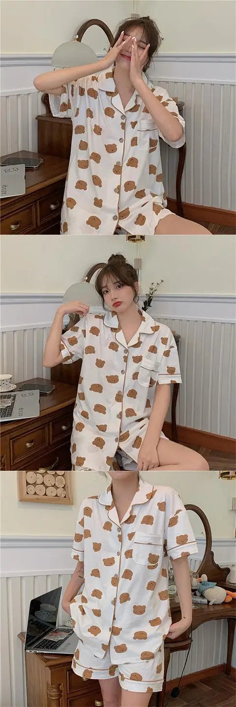 New Women Sleepwear Cartoon Pajamas Female Short  Pants Short Sleeved Summer Spring Loungewear Fashion Home Clothing Homewear