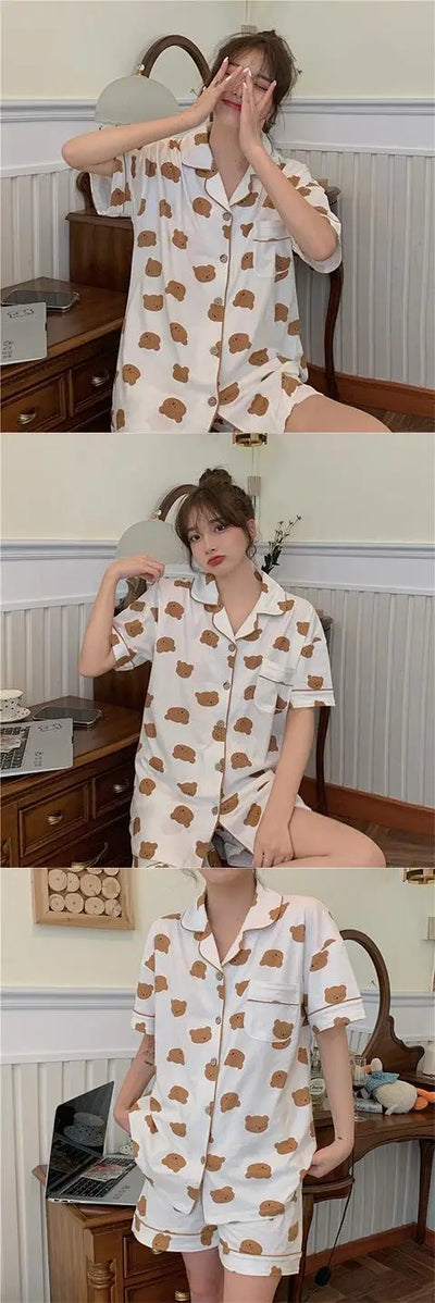 New Women Sleepwear Cartoon Pajamas Female Short  Pants Short Sleeved Summer Spring Loungewear Fashion Home Clothing Homewear