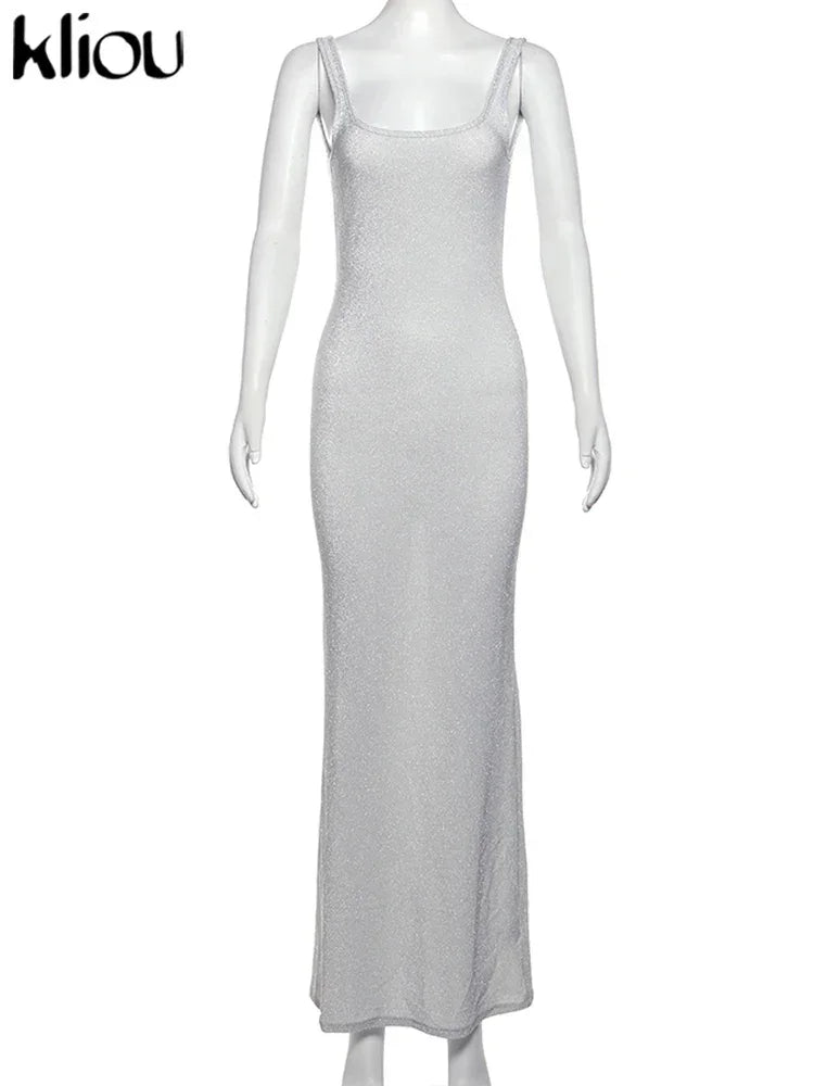 kliou Sequins Women Maxi Dress Stunning Shiny Elegant Sleeveless Backless Sheath Vestidos Mujer Elegant Fashion Evening Bodycon
