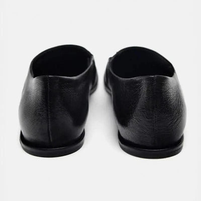 Genuine Leather Women's Black Square Toe Flats Comfortable Summer Shoes