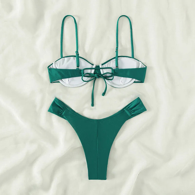 2023 New Swimwear Women Bikini Sets New Sexy Bikini Set Solid Color Sling Pleated Split Swimsuit Women 2 Pieces Micro Bikini Swi