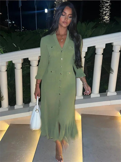 Ruffles Hem Knitted Dress For Women Elegant V Neck Long Sleeve Single Breasted Loose Vestidos Fashion Office Lady Knit Robe