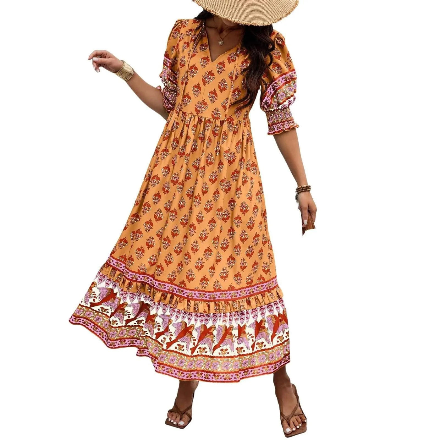 dresses for women Fashion summer Casual long dresses Bohemian V-Neck Printed High Waisted Big Swing Dress vestidos cortos
