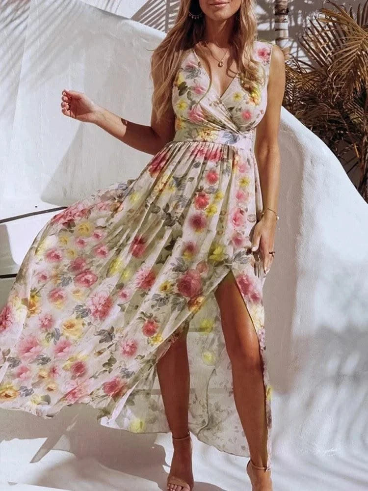 Summer Women Dress Floral Print Fashion Slim V-Neck Tie-Up Backless Chiffon Sexy Sleeveless Slit Maxi Cover-Ups Robe Beach Dress