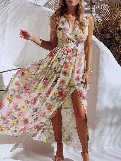 Summer Women Dress Floral Print Fashion Slim V-Neck Tie-Up Backless Chiffon Sexy Sleeveless Slit Maxi Cover-Ups Robe Beach Dress