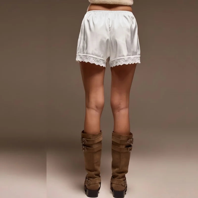 Women Cozy Satin Lounge Shorts Elastic Waist Lace Patchwork Loose Pajamas Shorts Sleepwear