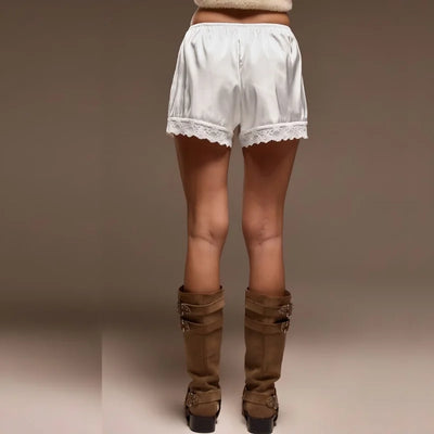 Women Cozy Satin Lounge Shorts Elastic Waist Lace Patchwork Loose Pajamas Shorts Sleepwear