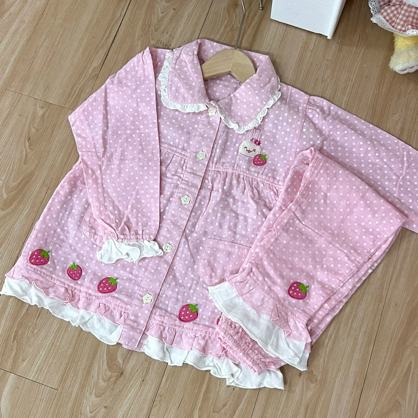 Spring Summer Women's Loungewear Cotton Yarn Pink Polka Dot Long-sleeved Top Fruit Print Sweet Short-sleeved Pajama Suit Female