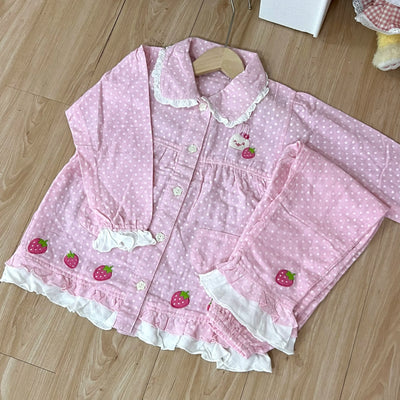 Spring Summer Women's Loungewear Cotton Yarn Pink Polka Dot Long-sleeved Top Fruit Print Sweet Short-sleeved Pajama Suit Female
