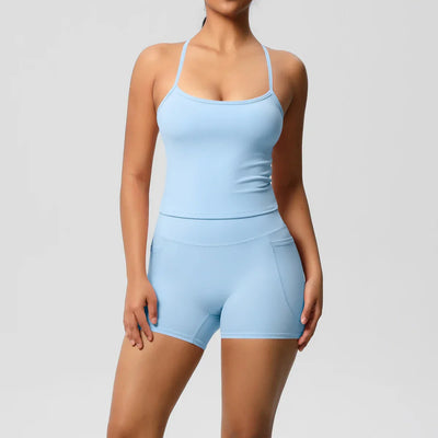 2PCS Sportswear With Pocketed Yoga Set Gym Clothes Yoga Suits For Women Tracksuits Sports Shorts Crossover Bra Gym Leggings