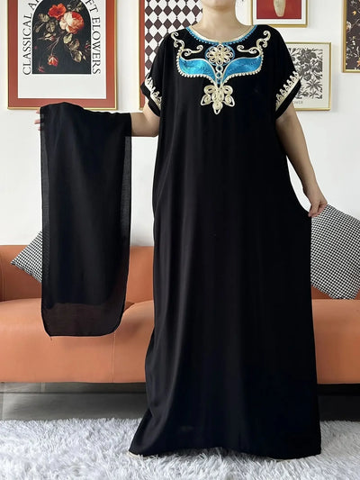 New Dubai Lady Party Summer Solid Cotton Dress with Scarfs African Dashiki Women Maxi Cotton Embroider Loose Vestidos