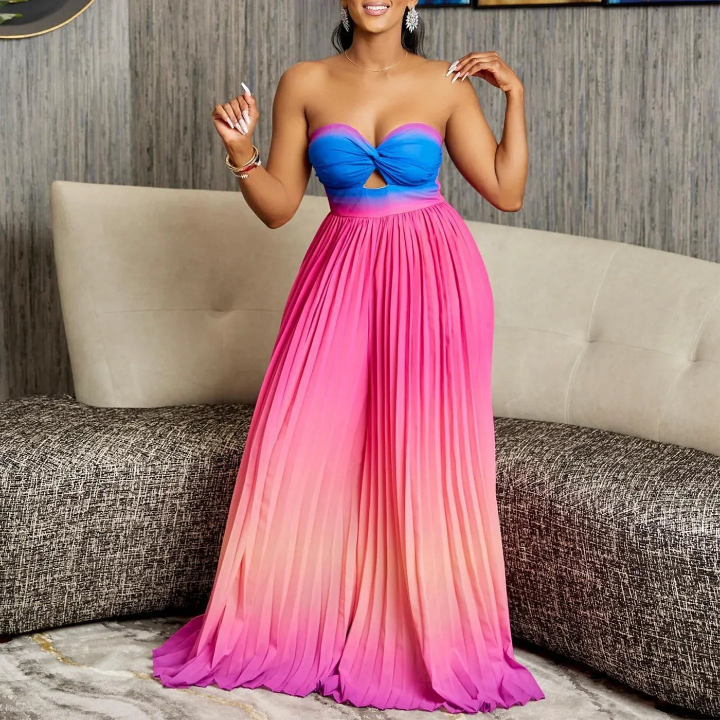 Gradient Color Women Jumpsuits For Summer Sleeveless Bandage Loose Fashion Streetwear Overalls Wide Leg Pants Trousers 2024