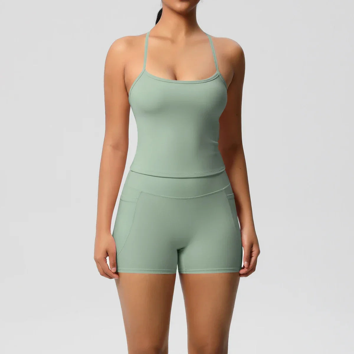 2PCS Sportswear With Pocketed Yoga Set Gym Clothes Yoga Suits For Women Tracksuits Sports Shorts Crossover Bra Gym Leggings