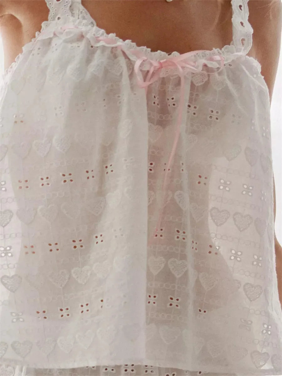 Elegant Women Embroidery Pajamas Set 2 Pieces Loungewear Suits Lace Drawstring Sleeveless Cami Tops and Shorts Sleepwear Outfits