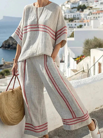 Women Summer Loungewear Suits Printing Loose Wide Leg Pants 2PCS Matching Set Half Sleeve O-Neck Pullover Top Outfit Streetwear