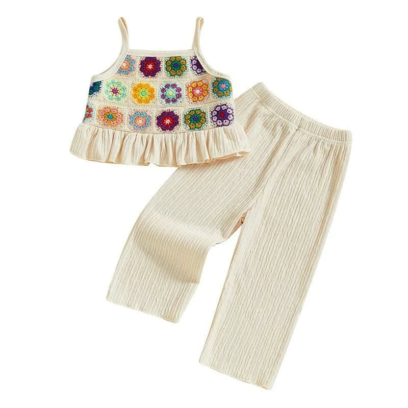 Toddler Girls 2 Piece Outfits Crocheted Flowers Fruit Ruffled Camisole and Elastic Pants Set Baby Children Summer Clothes