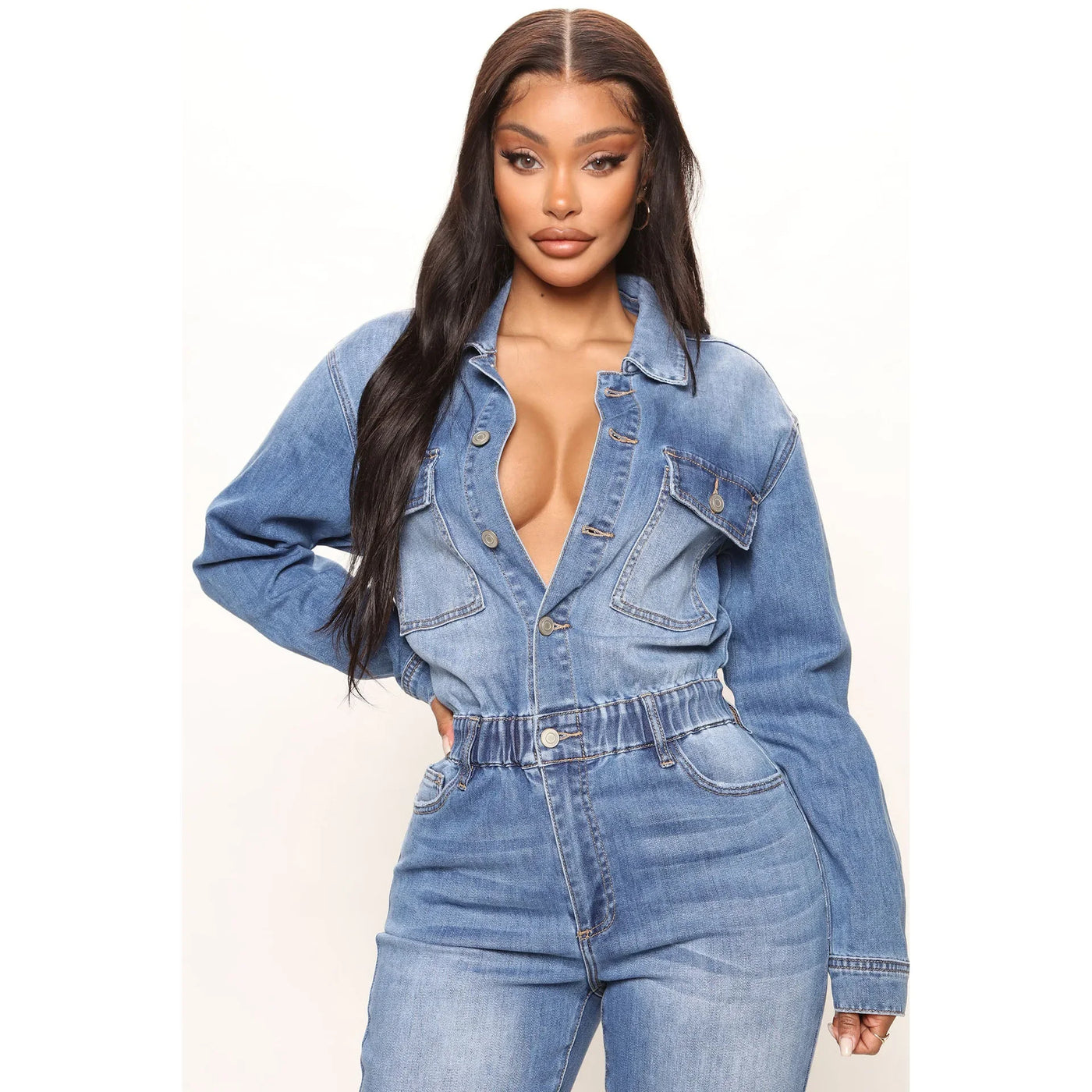Women Jeans Jumpsuits Single Breasted Solid Denim Washing Overalls Pockets High Street Button Pencil Pants Ankle Length
