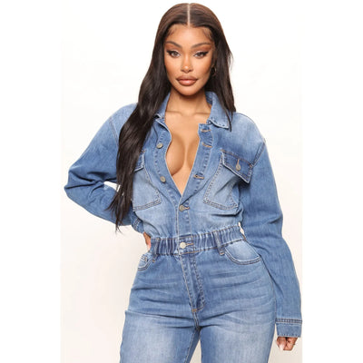 Women Jeans Jumpsuits Single Breasted Solid Denim Washing Overalls Pockets High Street Button Pencil Pants Ankle Length