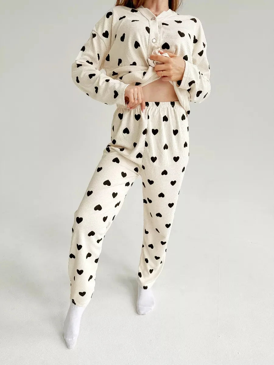 Love Pattern Waffle Pajamas Women Loungewear Set Cardigan Homewear Lady Long Sleeve Top Pant Nightwear 2025 Autumn Spring New