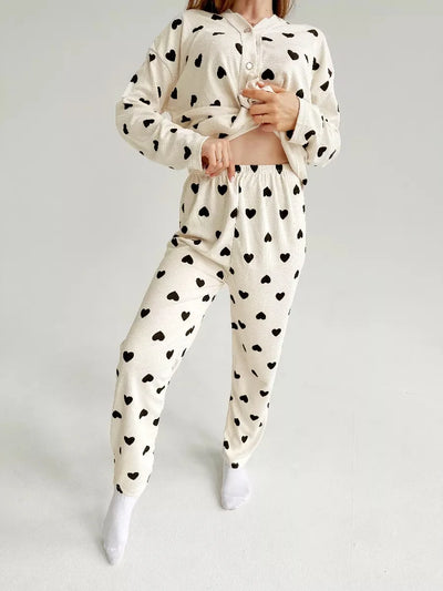 Love Pattern Waffle Pajamas Women Loungewear Set Cardigan Homewear Lady Long Sleeve Top Pant Nightwear 2025 Autumn Spring New