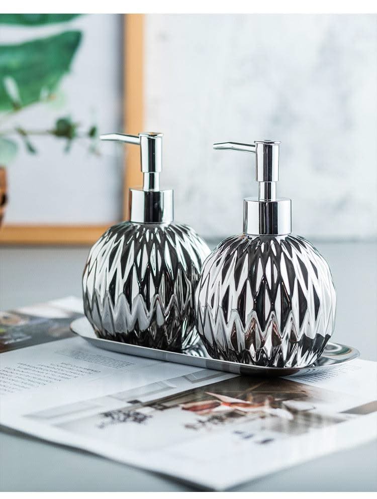 Luxury Gold Soap Dispenser with Press handle  Ceramic Dispenser Silver Dispenser with stainless steel Tray Bathroom Accessory