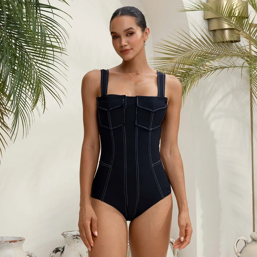 FLAXMAKER Pockets One Piece Swimsuit and Pants Women Swimwear Bodysuit Dress