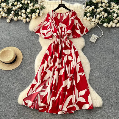 Summer Beach Women Floral Party Dress Summer New Maxi Long Dress Elegant Casual Leaf Printed Hem Dress Vestidos Female