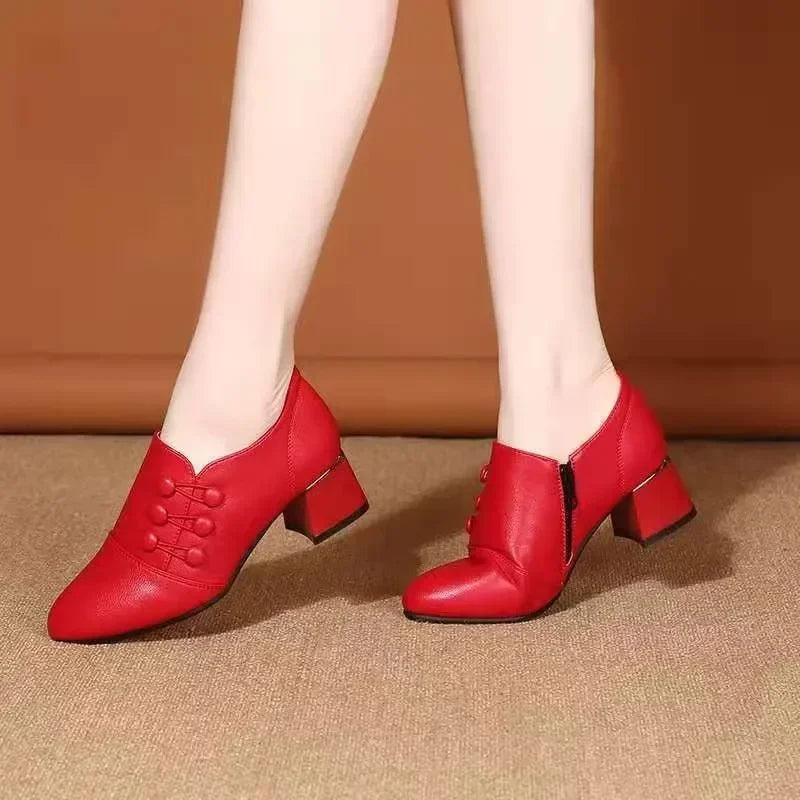 Women's Boots 2025 New Casual Leather Shoes for Women Comfort Office Low Boots Pointed Toe Ladies High Heels Red Wedding Shoes