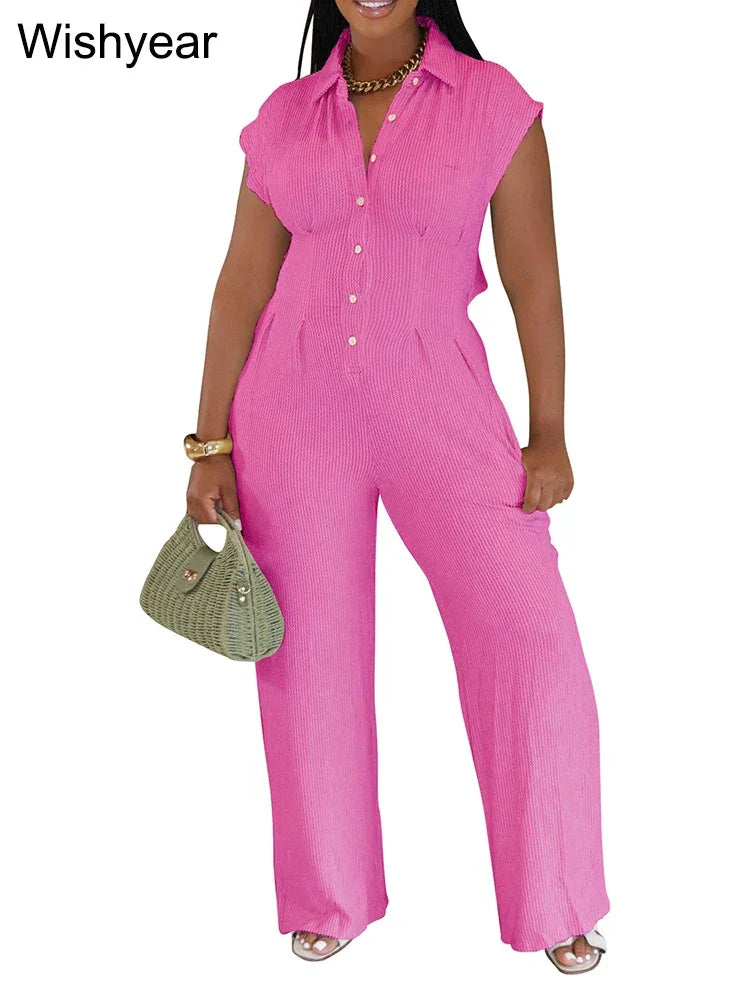 Women Casual Ribbing Loose Straight Jumpsuit Sleeveless Button High Waist One Pieces Wide Leg Rompers Summer Streetwear Overalls