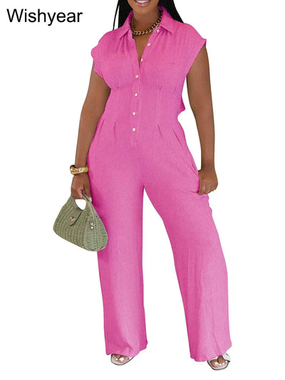 Women Casual Ribbing Loose Straight Jumpsuit Sleeveless Button High Waist One Pieces Wide Leg Rompers Summer Streetwear Overalls