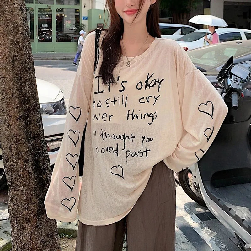 Women T-shirts Retro Letter Printed T-shirts Girls Casual Daily Long Sleeve Tops Lady Korean Fashion Baggy Clothes