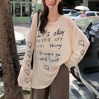 Women T-shirts Retro Letter Printed T-shirts Girls Casual Daily Long Sleeve Tops Lady Korean Fashion Baggy Clothes