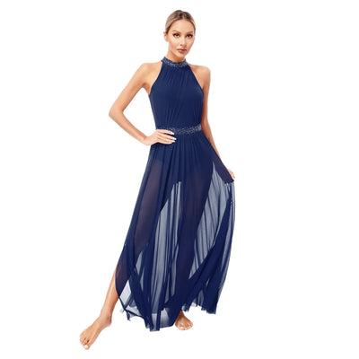 Women Lyrical Contemporary Ballroom Modern Dance Costume Dancing Prom Gown Side Split Maxi Dress for Ballet Gymnastics Skating