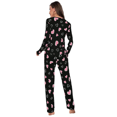 Sleepwear Women's Black Love Print Long Sleeve Trousers Student Loungewear Pajama Set Girl O-Neck Fashion Soft Casual Nightwear
