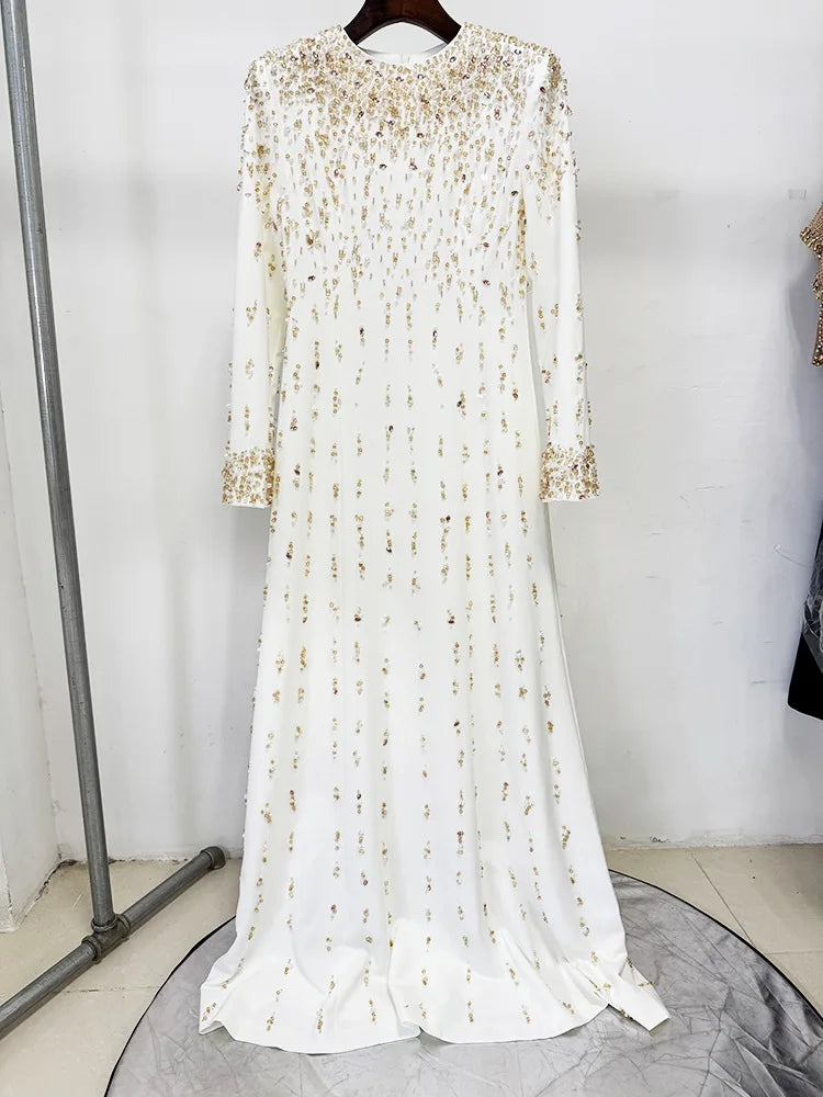 HIGH STREET Newest Fashion 2025 Designer Maxi Dresses Women's Formal Long Sleeve Luxurious Beaded Long Maxi Dress