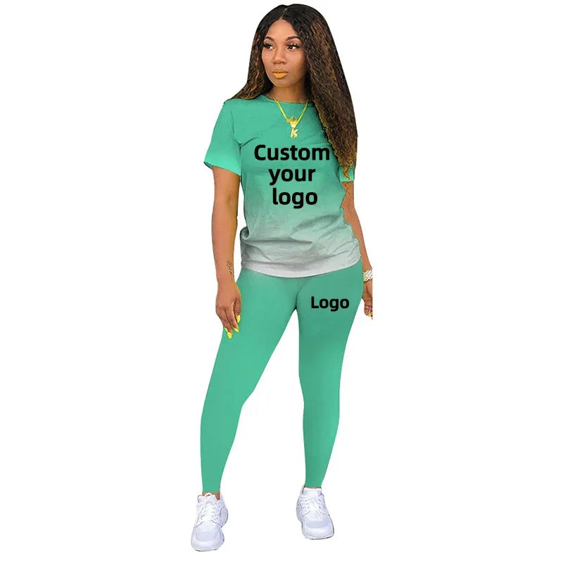 Two Piece Set Women Tracksuits Sets DIY Printed Personality Short Sleeve T shirts + Pants Sports Suit Custom your logo For Women