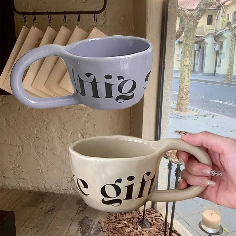 Alphabet Print Coffee Mug, Premium Value Ceramic Mug with Ear Shaped Handle, Breakfast Cup
