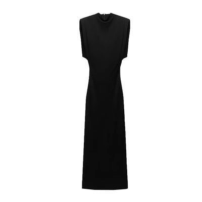 ZBZA Women's Slim Party Dresses Round Neck Sleeveless Shoulder-padded Bodycon High Waist Midi Dress Spring New Female Chic Dress