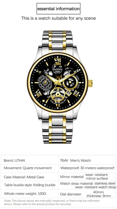 UTHAI Watch For Men Trendy High end Light Luxury Versatile Quartz Watches Waterproof Roman Hollow Relogio Masculino V009