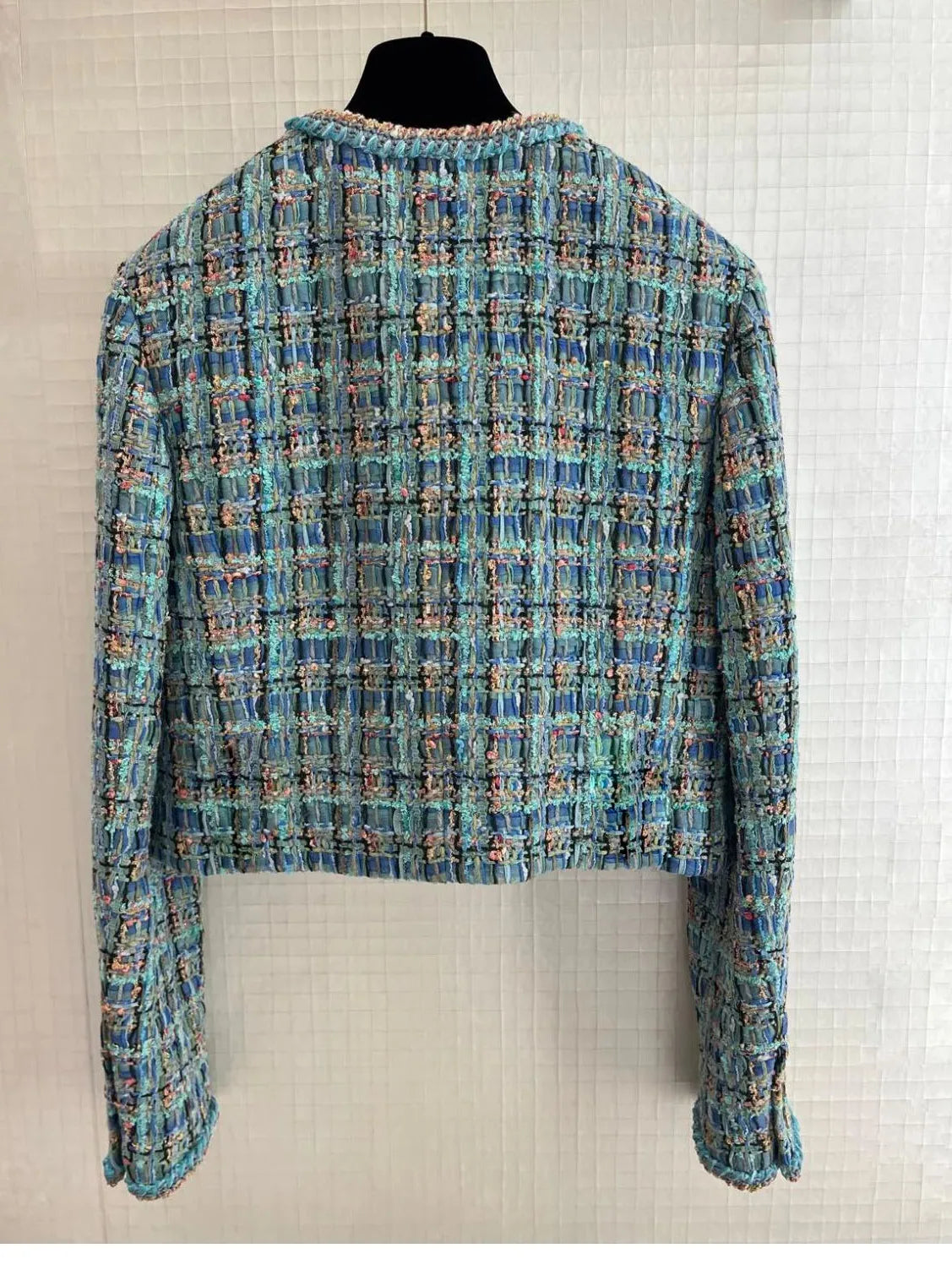 Autumn 2025 New Sle Blue een Tweed round Ne Single Button ort Quilted Jaet Women's Faion Outerwear Small Fraanc...