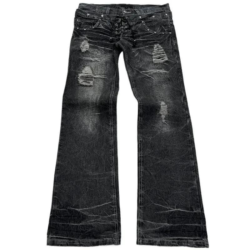 Fashionable high street double waisted lace up micro flared women jeans Y2K retro Harajuku washed design for men and women jeans