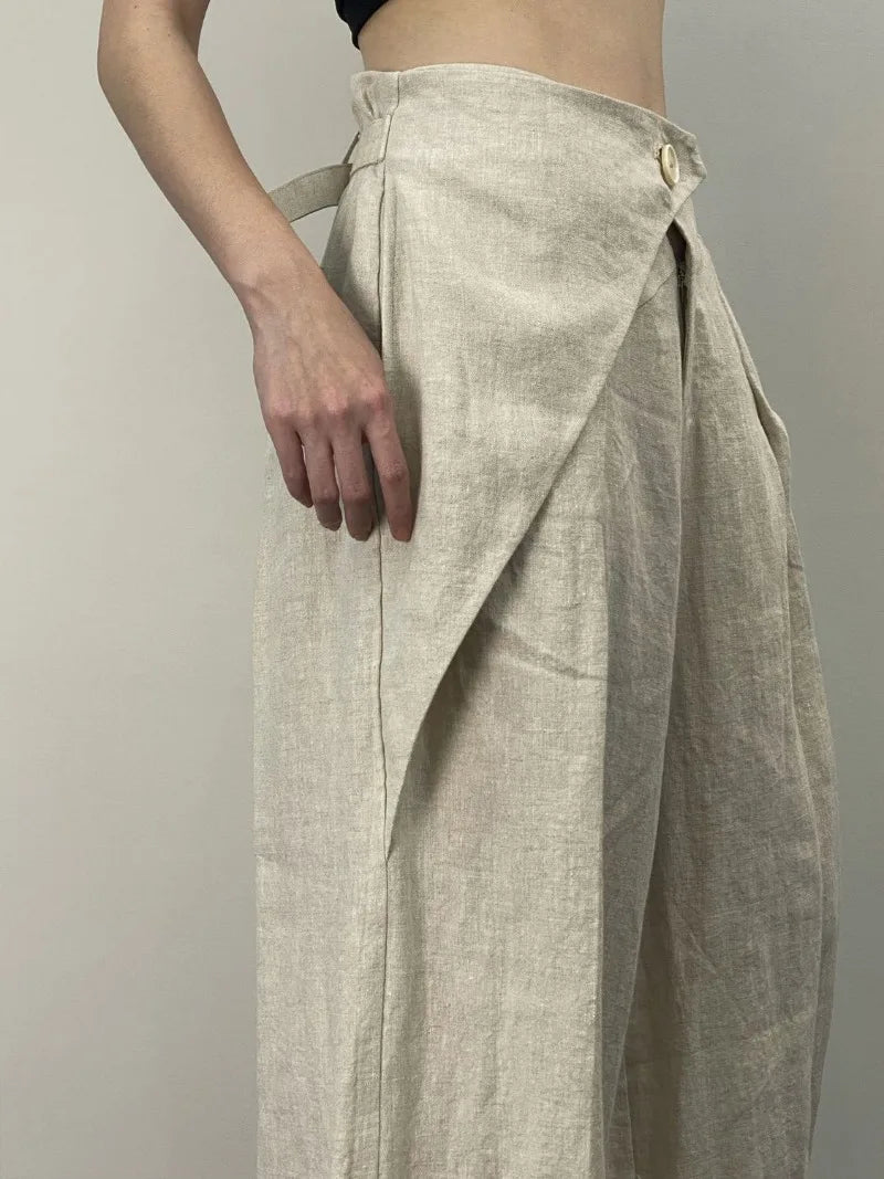 Streetwear Wide Leg Pants Women Fashion Pleated Linen Baggy Pants Summer Korean High Waist Casual Design Straight Trousers New