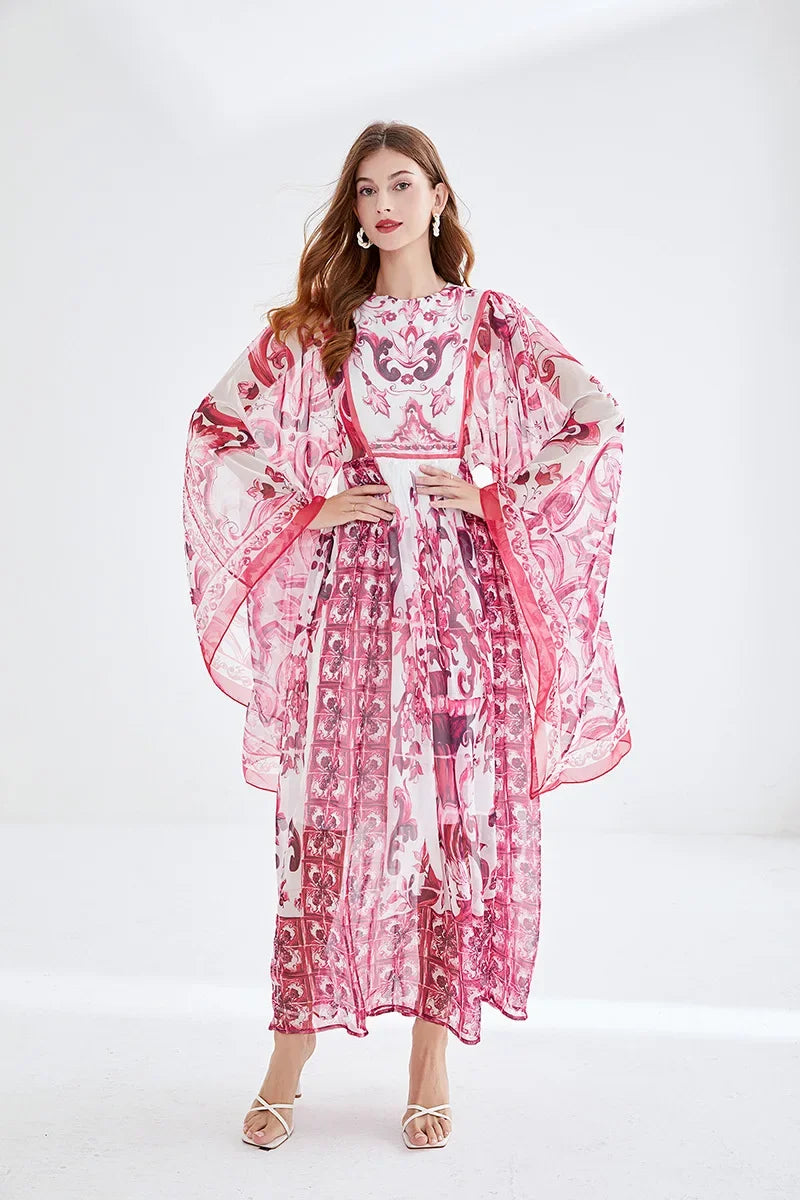 Women Clothing O Neck Flare Sleeve Large Swing Maxi Dress New Summer Bohemian Blue And White Porcelain Print Chiffon Vestidos