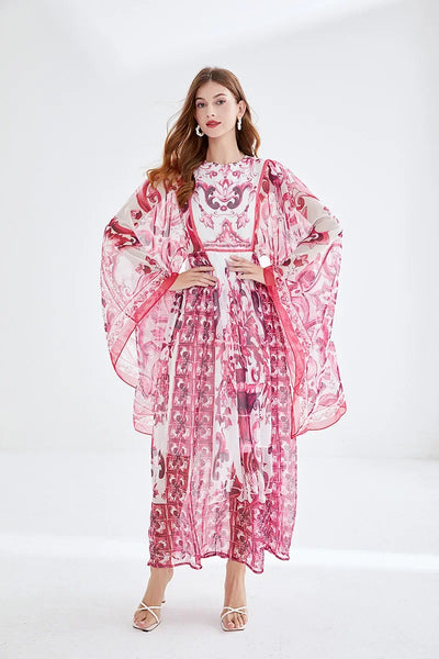 Women Clothing O Neck Flare Sleeve Large Swing Maxi Dress New Summer Bohemian Blue And White Porcelain Print Chiffon Vestidos