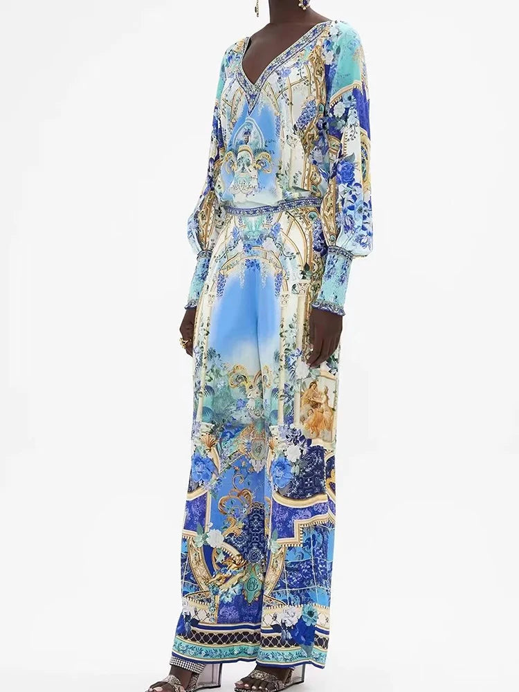 Retro women's V-neck beaded print long-sleeved Joker coat Spring and Autumn new two-piece suit+high-waist wide-leg trousers suit