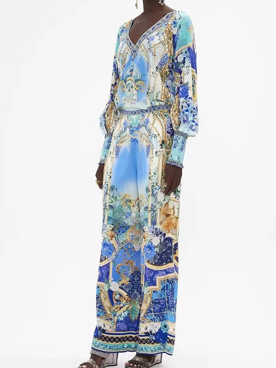 Retro women's V-neck beaded print long-sleeved Joker coat Spring and Autumn new two-piece suit+high-waist wide-leg trousers suit