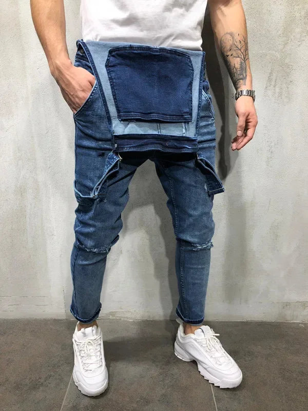 Men's Spring and Autumn Jeans, New Style Retro Casual All-match Ripped Dungarees, Fashionable High Street Trendy Brand Dungarees