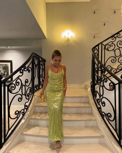 Shiny Sequins Off Shoulder Open Back Long Slim Maxi Dresses | Women, Girls | Summer Vacation Evening Party Gown